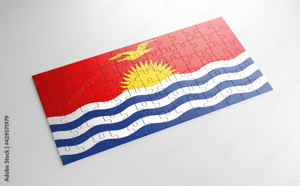 A jigsaw puzzle with a print of the flag of Kiribati, pieces of the puzzle isolated on white background. Fulfillment and perfection concept. Symbol of national integrity. 3D illustration. A jigsaw puzzle with a print of the flag of Kiribati, pieces of the puzzle isolated on white background. Fulfillment and perfection concept. Symbol of national integrity. 3D illustration.