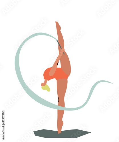 Vector illustration of rhythmic gymnastics. Woman with ribbon. Cartoon charcater.Olympic sport