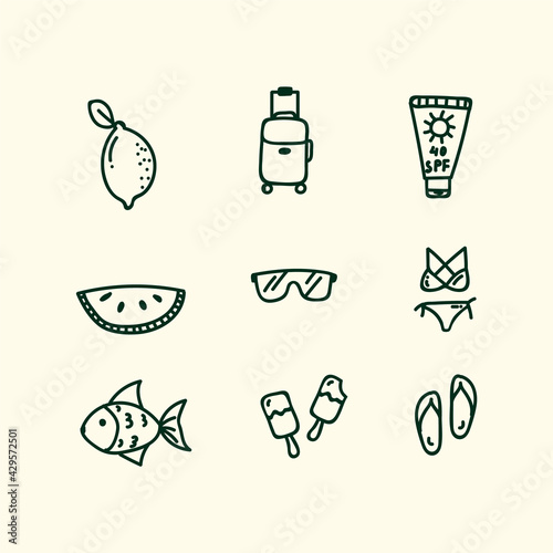 A set of summer icons. Poster beach doodle holiday symbols. Accessories and food the symbols of summer are Lemon, Watermelon, Fish, Suitcase, sun glasses, ice cream. Vector illustration