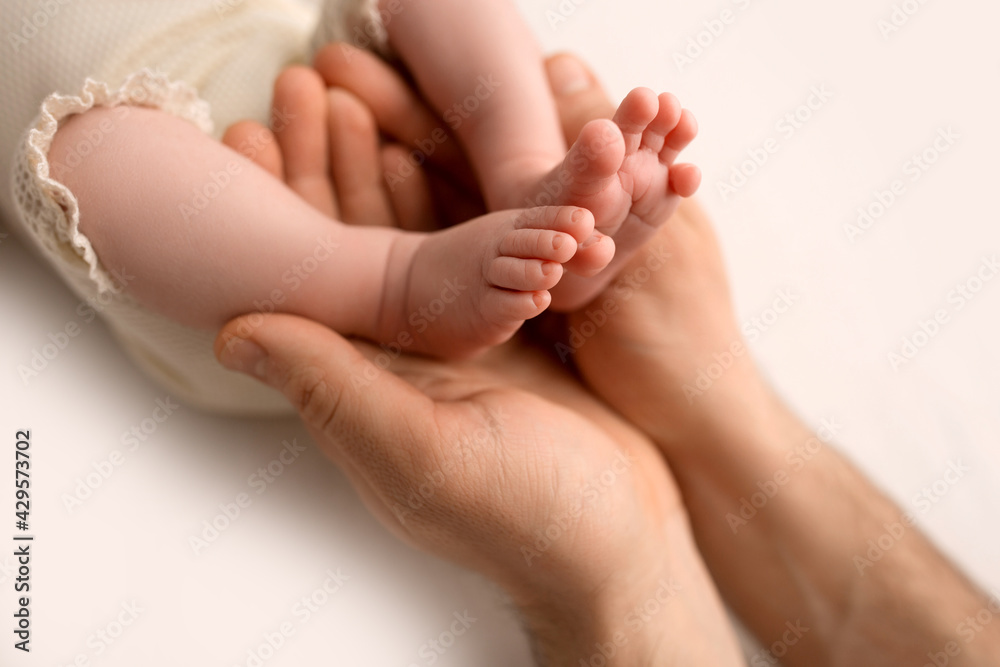 Children's feet in hold hands of mother on white. Mother and newborn Child. Happy Family people concept. Children's feet in hold hands of mother on white. Mother and newborn Child. Happy Family people concept.