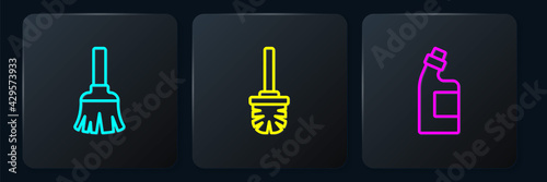 Set line Feather broom, Bottle for cleaning agent and Toilet brush. Black square button. Vector