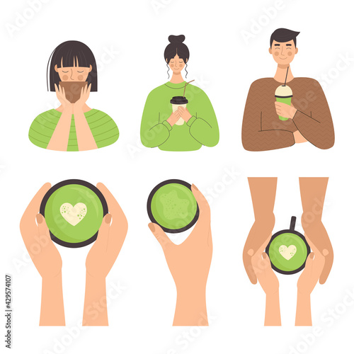 Set of people with drinks. Women and men drinking a match, coffee. Hand holds a cup of tea. Traditional Japanese tea ceremony. Illustration in a flat style.