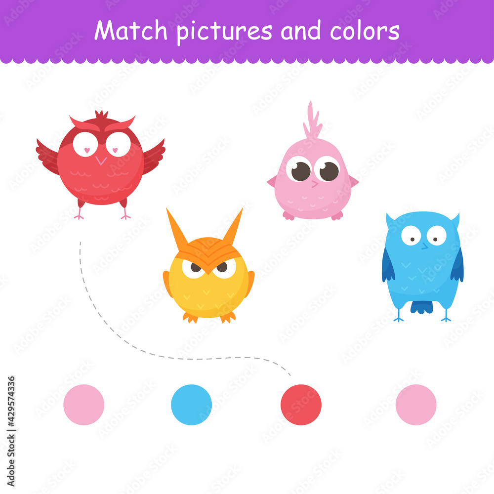 Isolated funny forest owls. A set of cartoon animals for printing, children's development, pick the color you want. Varieties of decorative colored birds, flat geometric design. Vector illustration