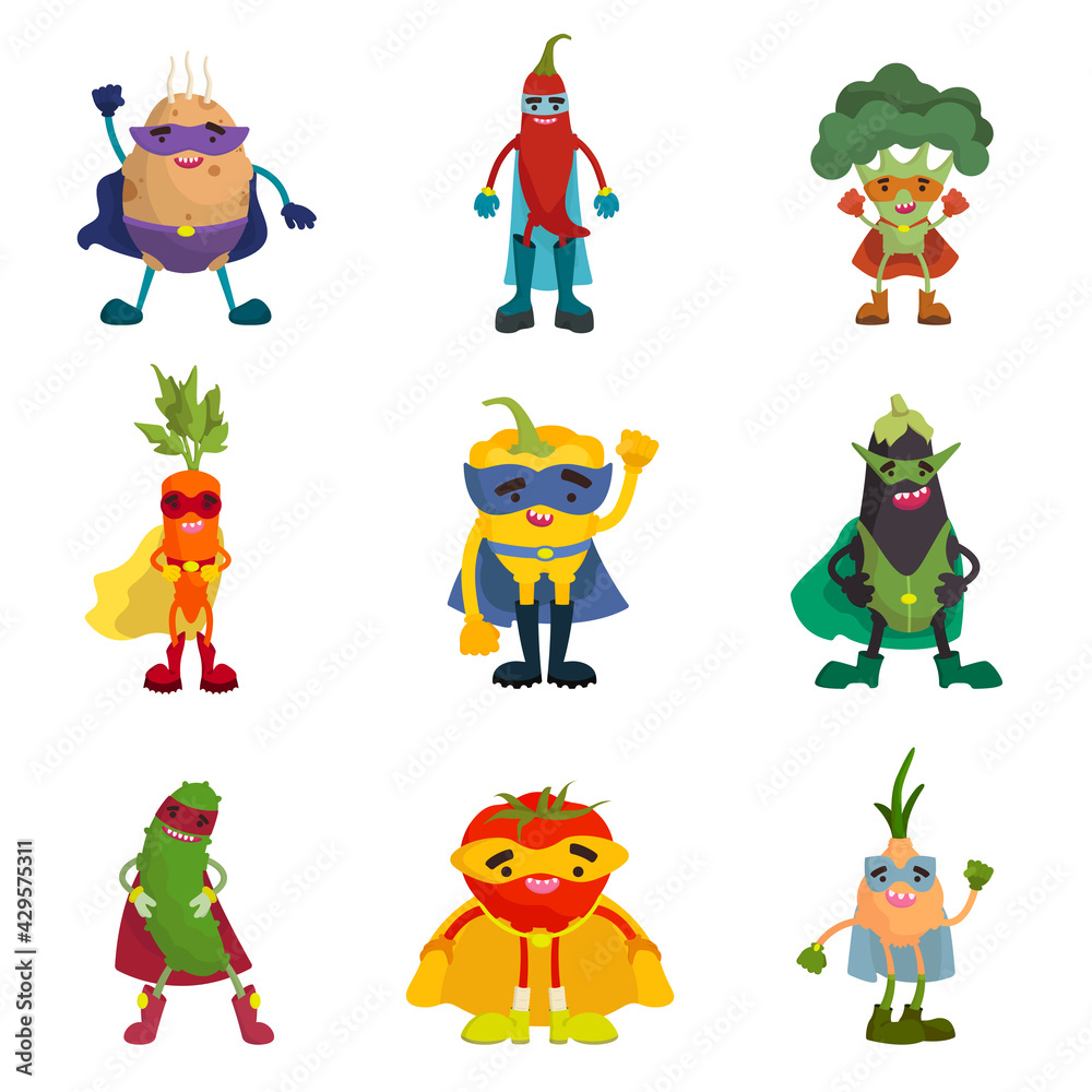 Collection of vegetable superheroes. Funny characters in cartoon style.