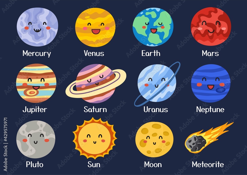 Cute planet set in cartoon style. Solar System poster for kids. Space collection with smiling planet faces. Mercury, Venus, Earth and more. Vector illustration