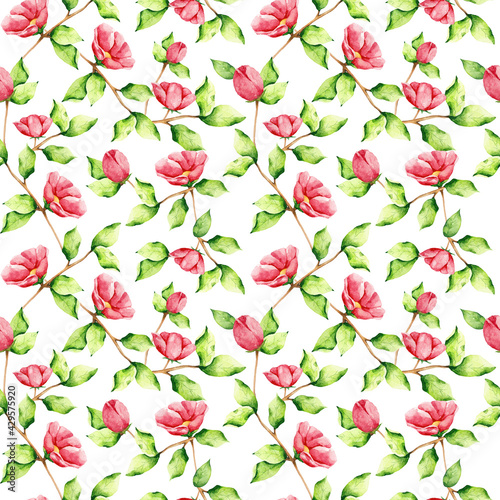 Watercolor pink flowers and branches with green leaves seamless pattern. Wild rose print on white background. Ornate design for textile, wallpaper, fabric, wrapping paper and decoration.