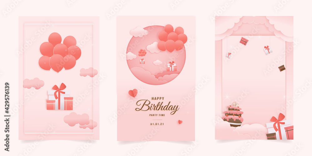 Set banner Decorated birthday card beautiful three gift box, balloon in the could paper style, paper cut, and papercraft. gift box hanging on the wall decorated with clouds and cake. Sweet pink. Set banner Decorated birthday card beautiful three gift box, balloon in the could paper style, paper cut, and papercraft. gift box hanging on the wall decorated with clouds and cake. Sweet pink.