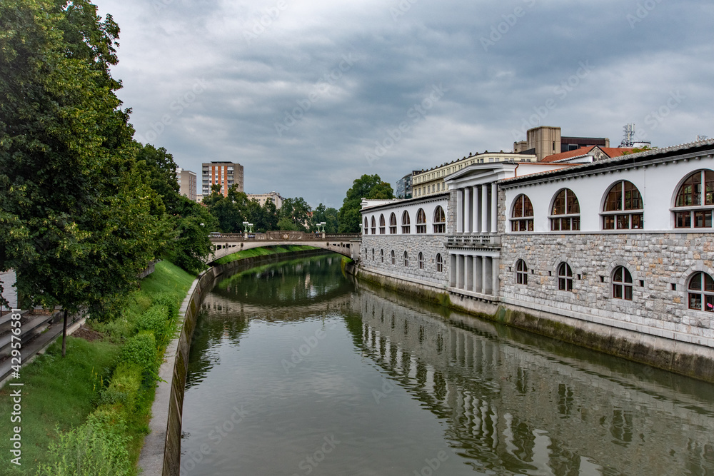 Reflections in a river in Ljubljana