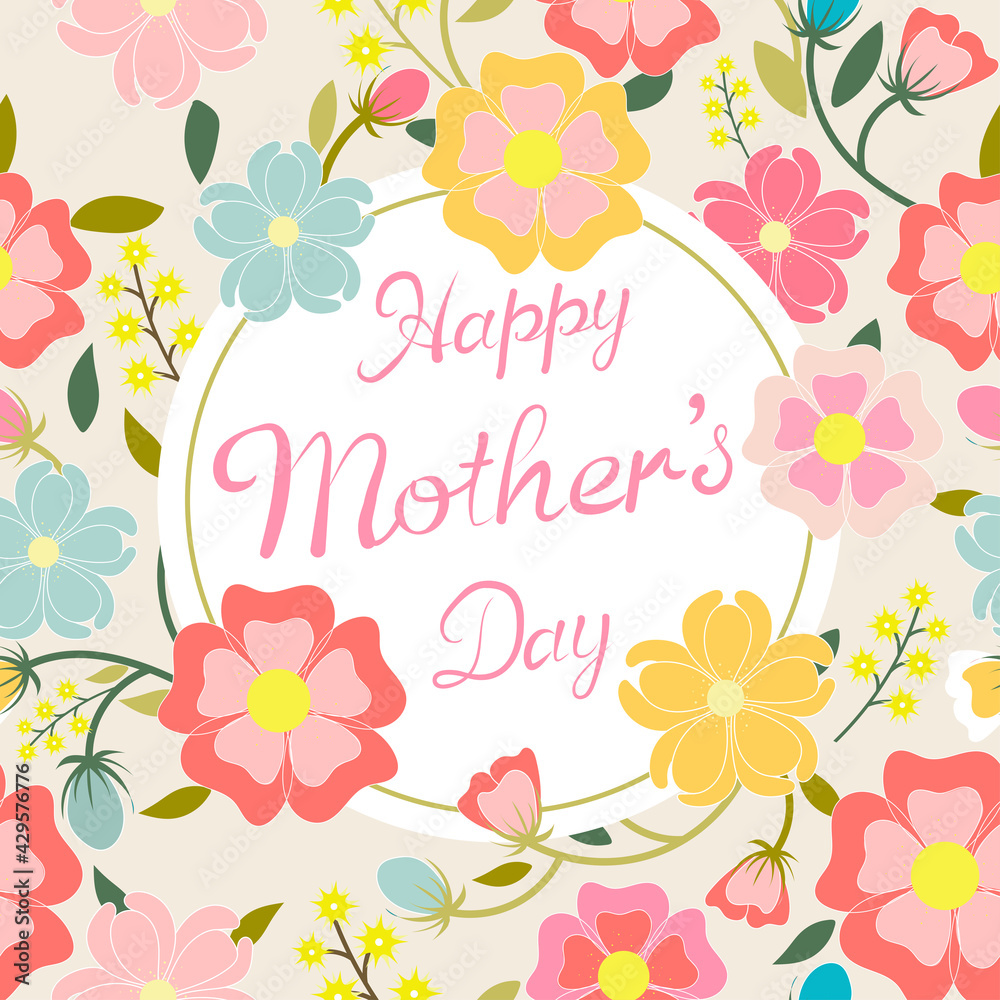 Happy Mother's Day Holiday Handwriting Background with flowers and Leaves. Greeting Card vector the best mom. Happy Mother's Day Holiday Handwriting Background with flowers and Leaves. Greeting Card vector the best mom.