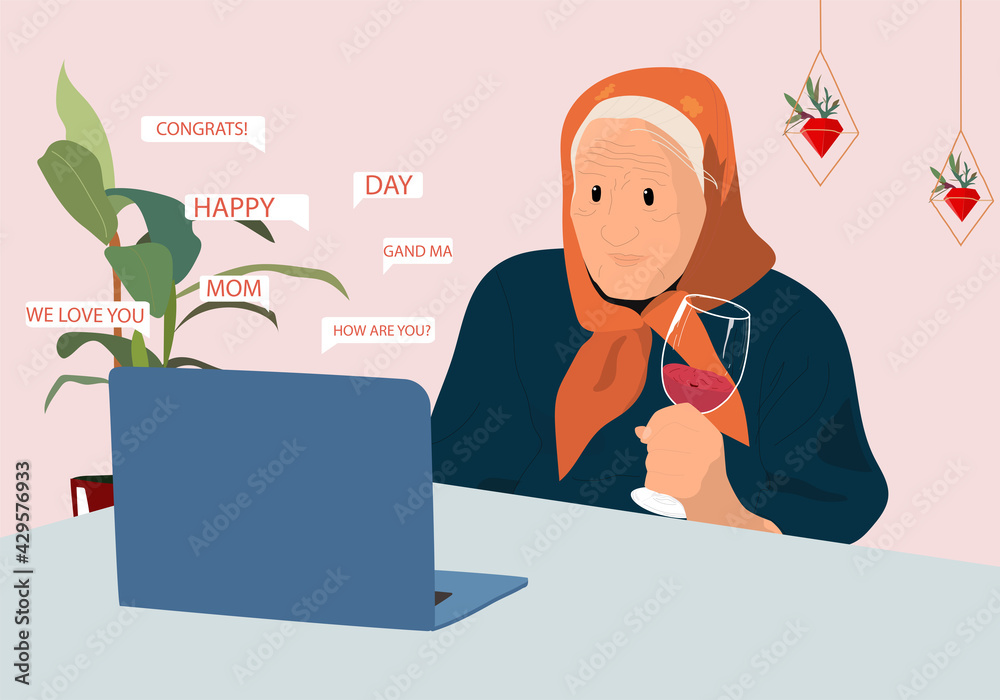 Family chat conference. Online communication. Old lady in front of laptop drinks wine. Grandparents, grandchildren, parents. Flat vector illustration. Family chat conference. Online communication. Old lady in front of laptop drinks wine. Grandparents, grandchildren, parents. Flat vector illustration.