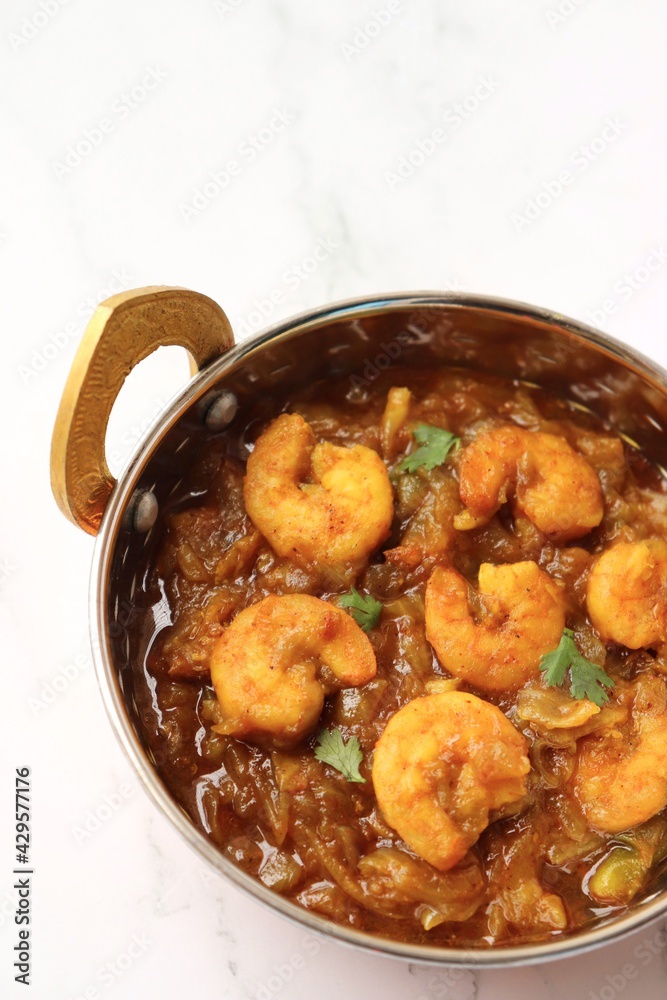Indian food Prawns masala or shrimp curry. Also known as Kolambi che