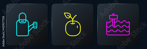 Set line Watering can, Garden bed and Apple. Black square button. Vector