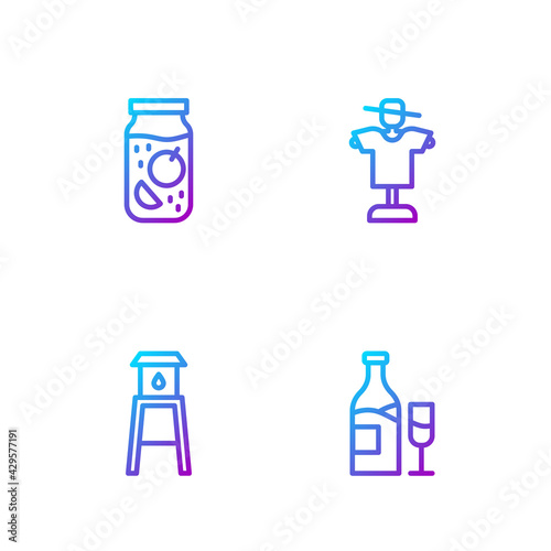 Set line Wine bottle with glass, Water tower, Jam jar and Scarecrow. Gradient color icons. Vector