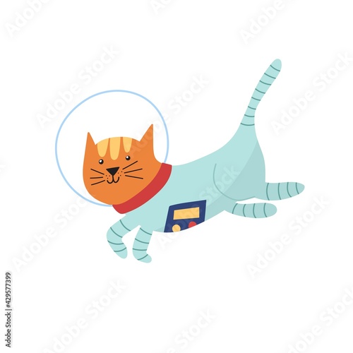 Cute astronaut cat in outer space. Funny print for kids. Cosmic pet in cartoon style. Great for t-shirts, posters. Vector illustration
