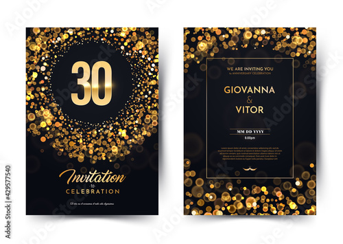 30th years birthday vector black paper luxury invitation double card. Thirty years wedding anniversary celebration brochure. Template of invitational for print on dark background with bokeh lights