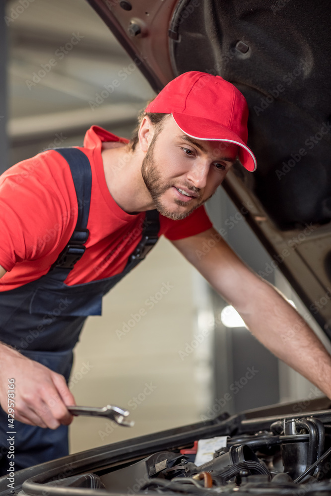 Man looking into open hood of car Man looking into open hood of car