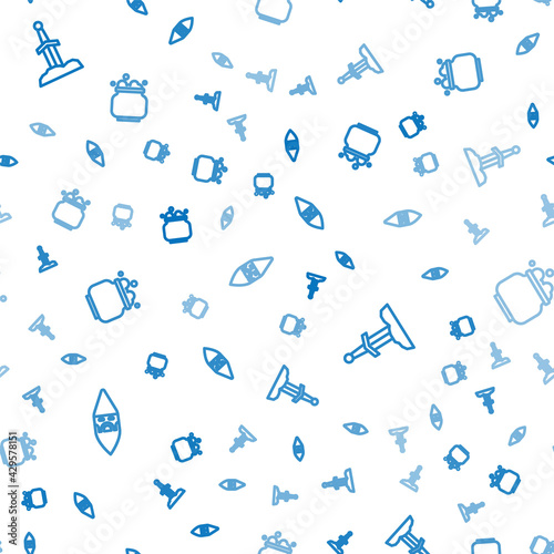 Set line Wizard warlock, Sword in the stone and Witch cauldron on seamless pattern. Vector