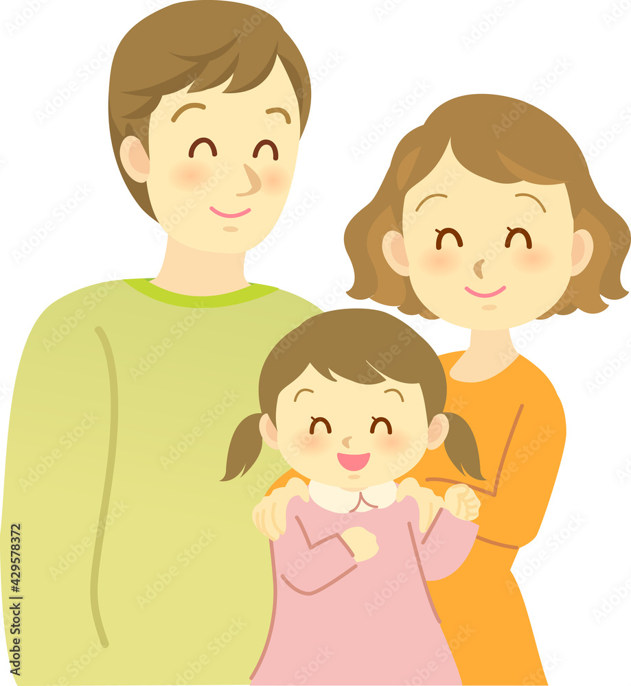 イラスト素材 3人家族 ママが女の子の肩に手を置いて娘もパパも全員笑顔の仲良しファミリー Vektornyj Obekt Stock Adobe Stock