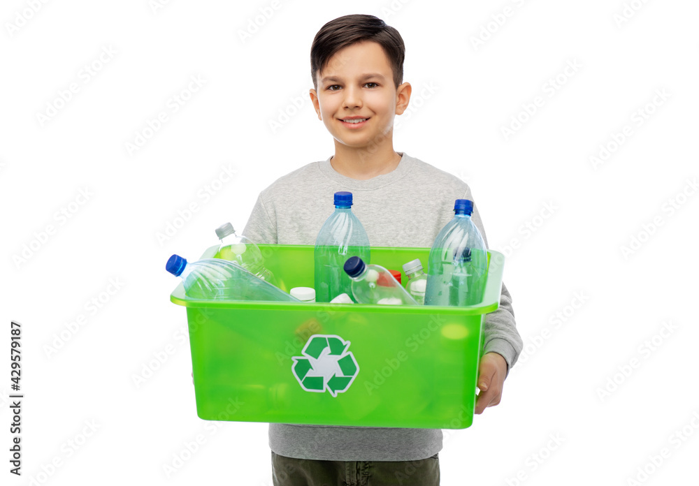 recycling, waste sorting and sustainability concept - smiling boy holding box with plastic bottles over white background recycling, waste sorting and sustainability concept - smiling boy holding box with plastic bottles over white background