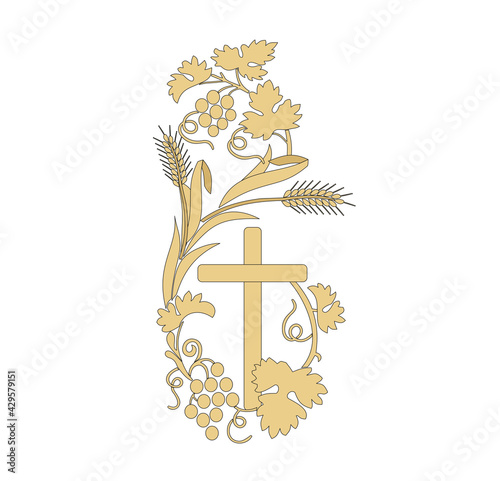 GOLD EMBROIDERY FOR LITURGICAL CLOTHES AND SACRED CEREMONIES. SACRED CATHOLIC SYMBOLS IN ANCIENT STYLE WITH GOLDEN DECORATIONS
