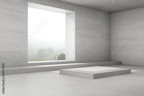 3d render of empty concrete room with large window on nature background, Empty space for product presentation.
