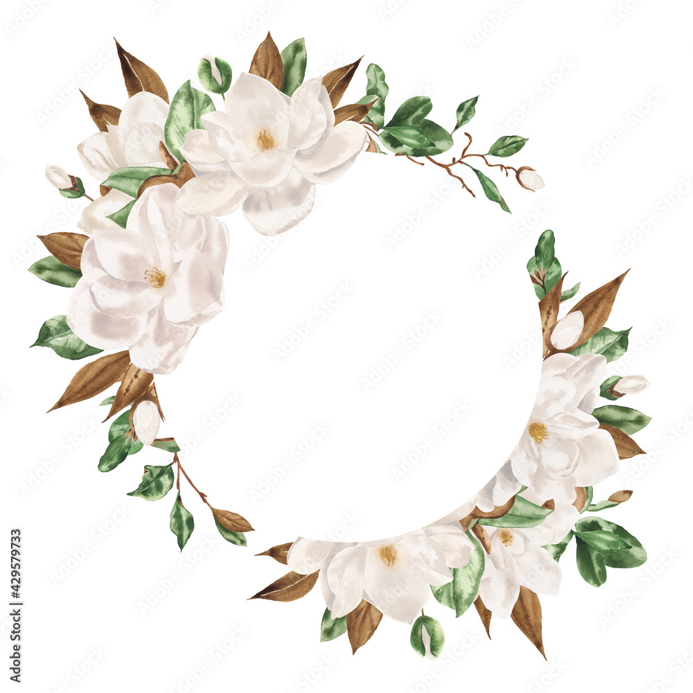 Fototapeta premium Hand drawn watercolor floral frame of flowers white magnolia and green leaves. Perfect for creating cards, invitations, wedding design.