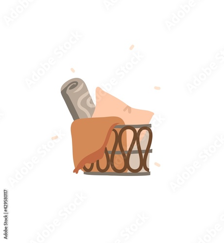 Hand drawn vector abstract stock graphic bohemian clipart illustration with beauty interior design element,modern decorated trendy basket with pillows isolated on white background