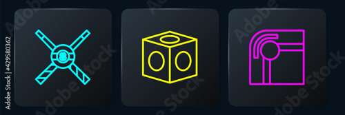 Set line Crossed billiard cues and ball, Billiard table and chalk. Black square button. Vector