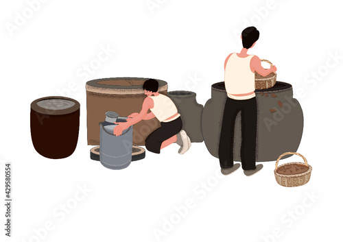The ancient method of making Chinese condiment vinegar scene vector illustration