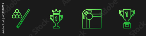 Set line Billiard table, cue and ball, Award cup and . Gradient color icons. Vector