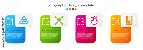 Set line Billiard balls in rack triangle, Crossed billiard cues and, Bowling and table. Business infographic template. Vector