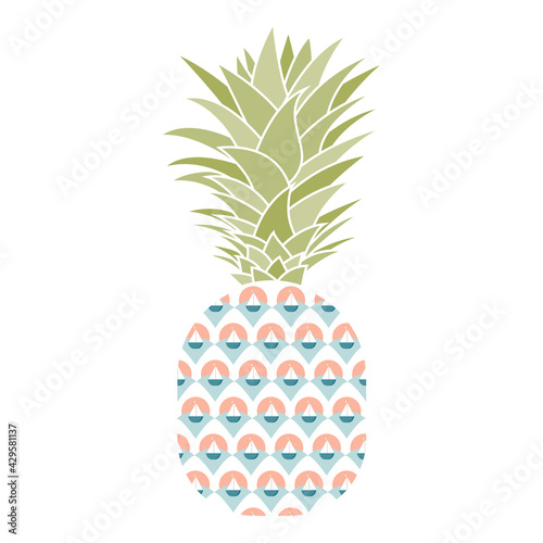 It is the abstract silhouette of a pineapple which consists of yachts and ships with white sails against the backdrop of the sunset, vector isolated illustration with tropical fruit of ananas.