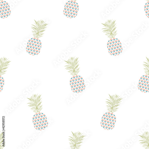 Seamless vector background with abstract silhouettes of pineapples, consisting of sea, ships and sunsets. The parts of a pineapple have shape of yachts and ships with white sails and red setting suns.