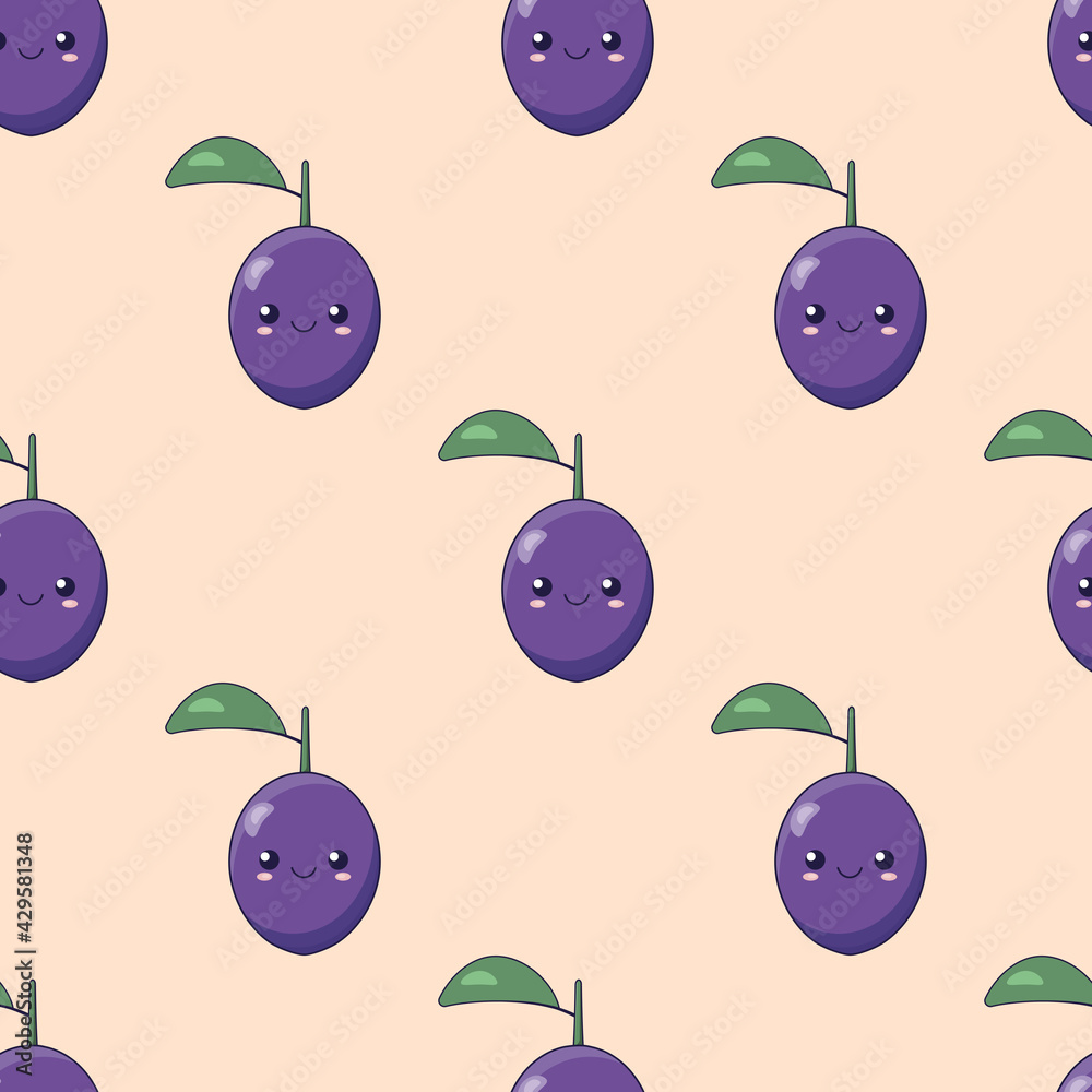 Seamless vector background with cute cartoon kawaii fruits of plum. Single emoji plums with