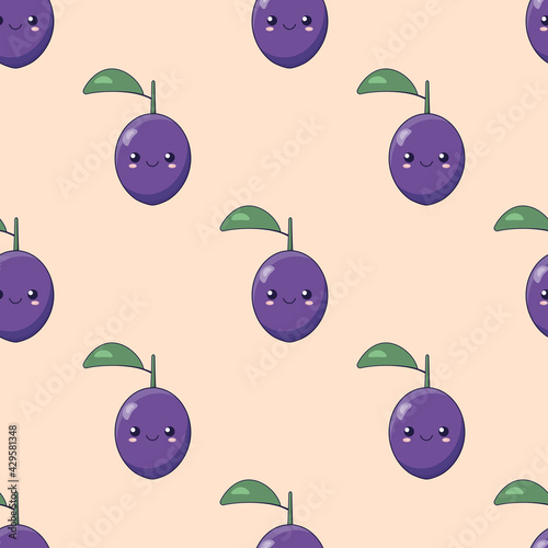 Seamless vector background with cute cartoon kawaii fruits of plum. Single emoji plums with green leaves are arranged in rows. Cute pattern with emoji plums for kids.