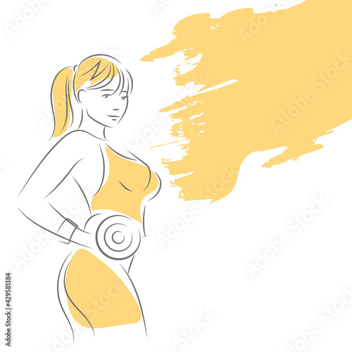 A young sports woman stands sideways with a dumbbell in her hand. Female bodybuilder vector hand drawn. Sketchy lines on a white background.