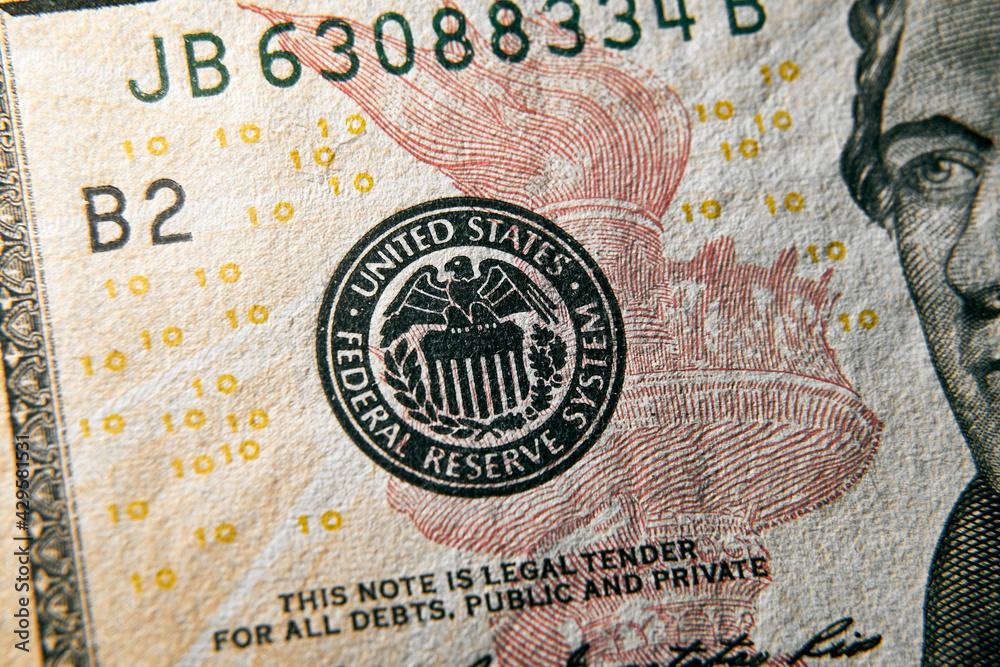 Fototapeta premium Close up macro shot of federal reserve stamp on the US dollar bill