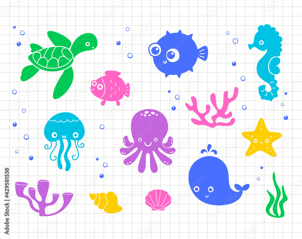 Ocean and sea animals clip art with turtles, jellyfish, and seahorses. Underwater life. Silhouette vector flat illustration. Cutting file. Suitable for cutting software. Cricut, Silhouette
