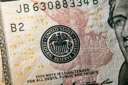 Close up macro shot of federal reserve stamp on the US dollar bill