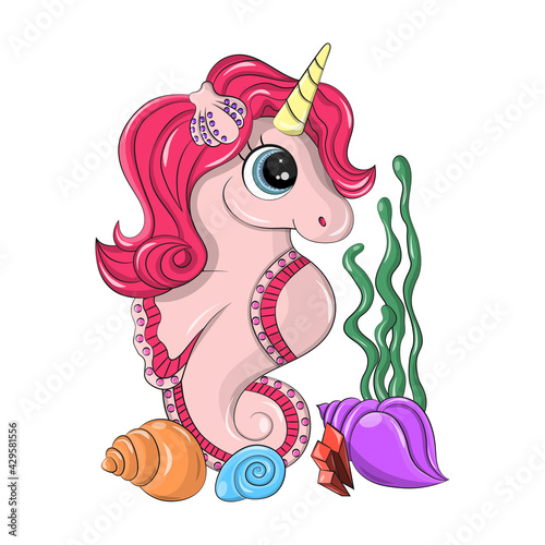 Cute vector seahorse unicorn is made in cartoon pink color. Vector sea animal isolated on white background which is perfect for PNG. Seashells and seaweed lie near the seahorse.