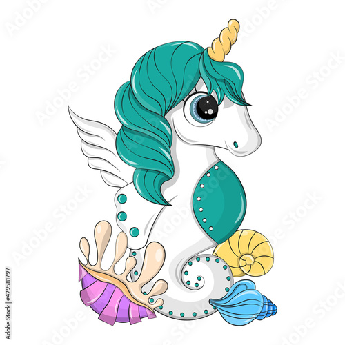 White seahorse with cute wings and green hair. The vector image of a sea animal is made in a cartoon style on a white background, which will allow you to easily make png from it.