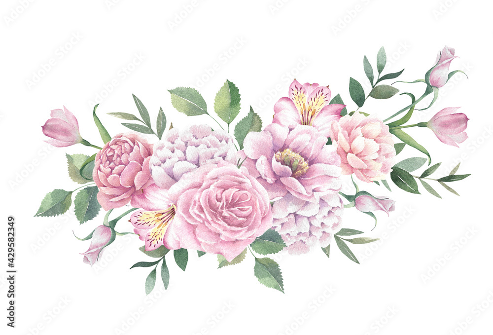 Bouquet of roses and peonies on a white background.