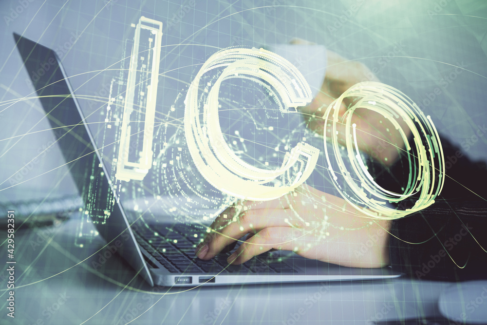 Double exposure of woman hands typing on computer and crypto market theme hologram drawing. Blockchain concept. Double exposure of woman hands typing on computer and crypto market theme hologram drawing. Blockchain concept.