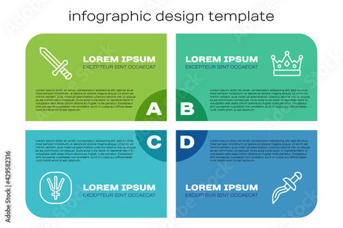 Set line Neptune planet, Medieval sword, Dagger and King crown. Business infographic template. Vector