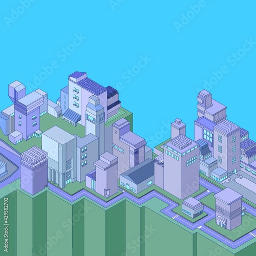View isometric of city  building skyscraper lines houses illustration on blue background 