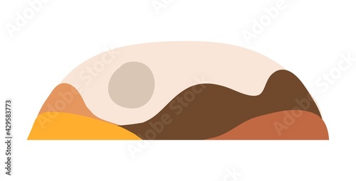Hand drawn vector abstract stock flat gtraphic,modern clipart contemporary illustration,bohemian terracotta minimalistic landscape art print in trendy earth tones warm colors with mountains and moon.