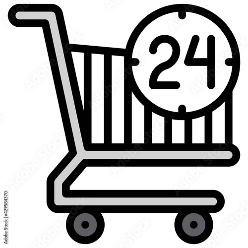 Shopping cart with 24 hours icon, Supermarket and Shopping mall related vector