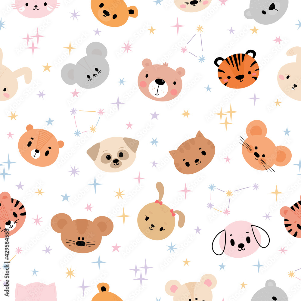 Childish seamless pattern with cute smiley animal faces. Space background. Creative baby texture for fabric, nursery, textile, clothes. Flat design