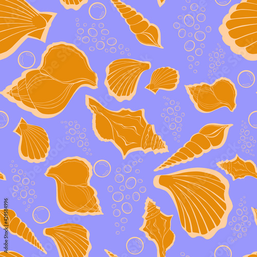 Modern flat outline sea shells, bubbles seamless pattern for fabric, textile, apparel, interior, stationery, wrapping paper, scrapbooking. Trendy marine endless texture. Exotic ocean shells contours