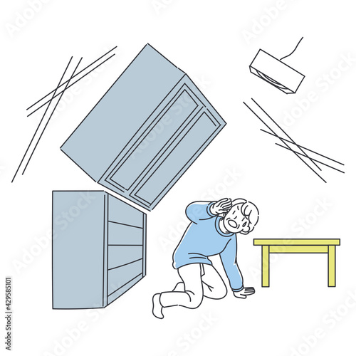 地震が起きた時に家具が倒れてきた様子のイラスト